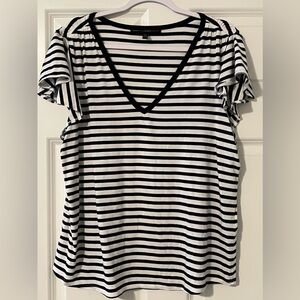 Women’s navy blue and white striped V-neck blouse, WHBM size XL
